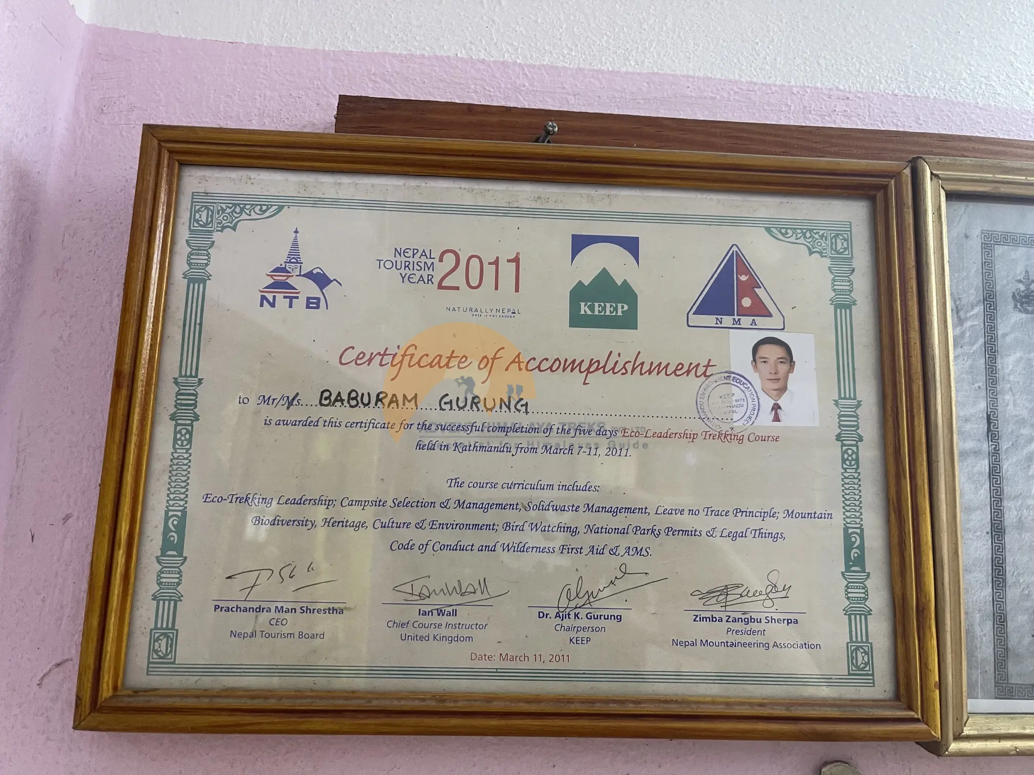 Certificate of Accomplishment - Eco-Leadership Trekking Course