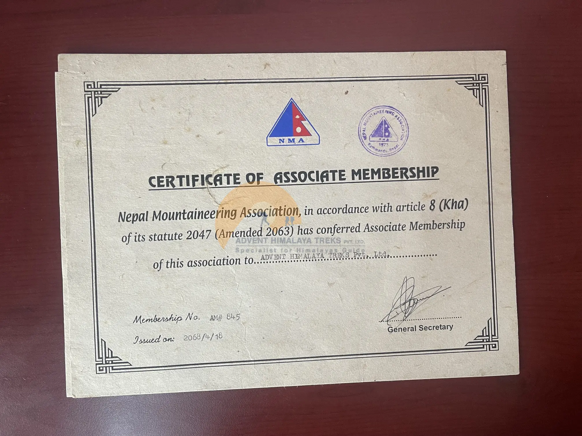 Certificate of Associate Membership - NMA (Nepal Mountaineering Association)