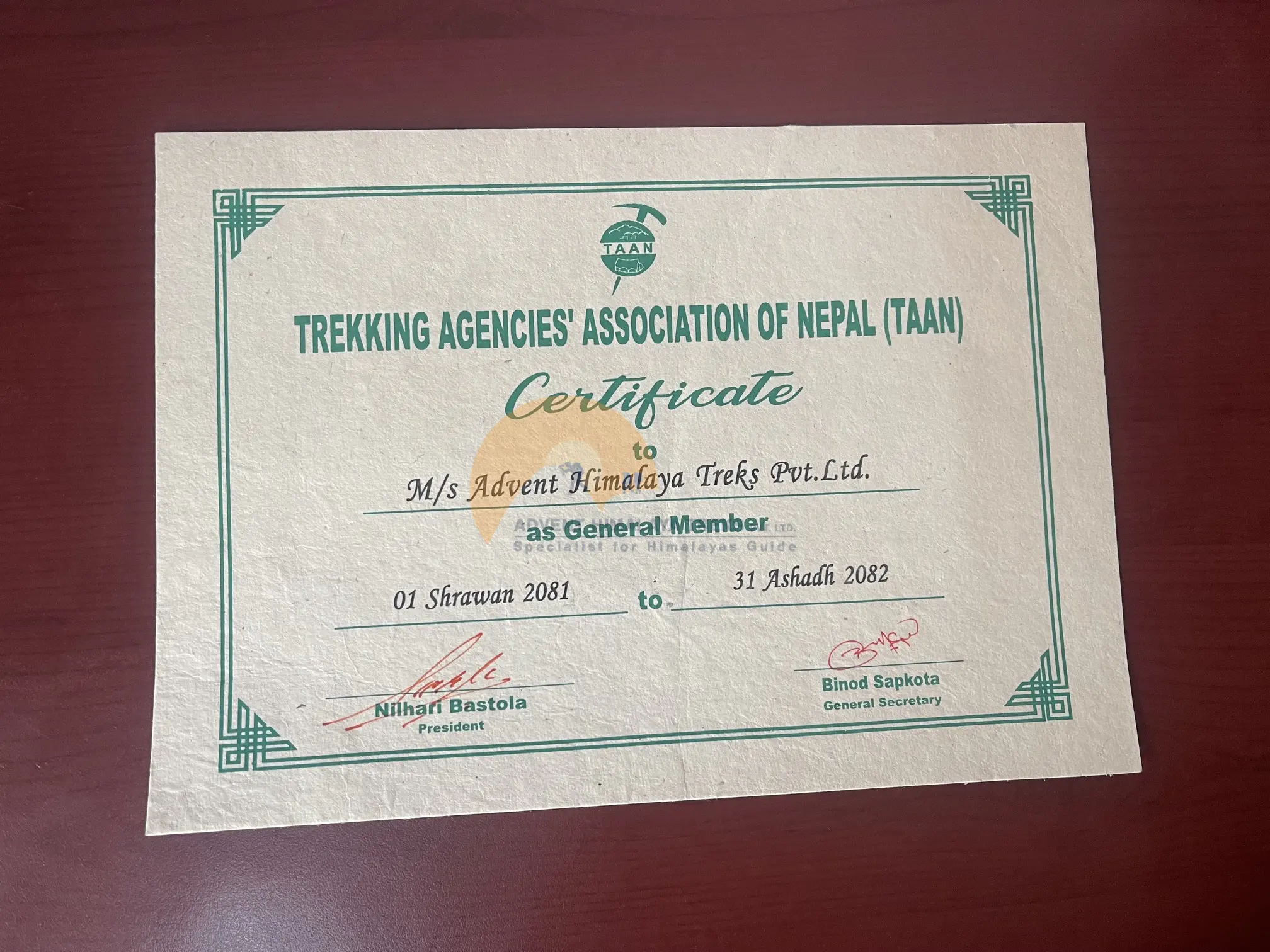 Certificate of General Member of TAAN - (Trekking Agencies' Association of Nepal)